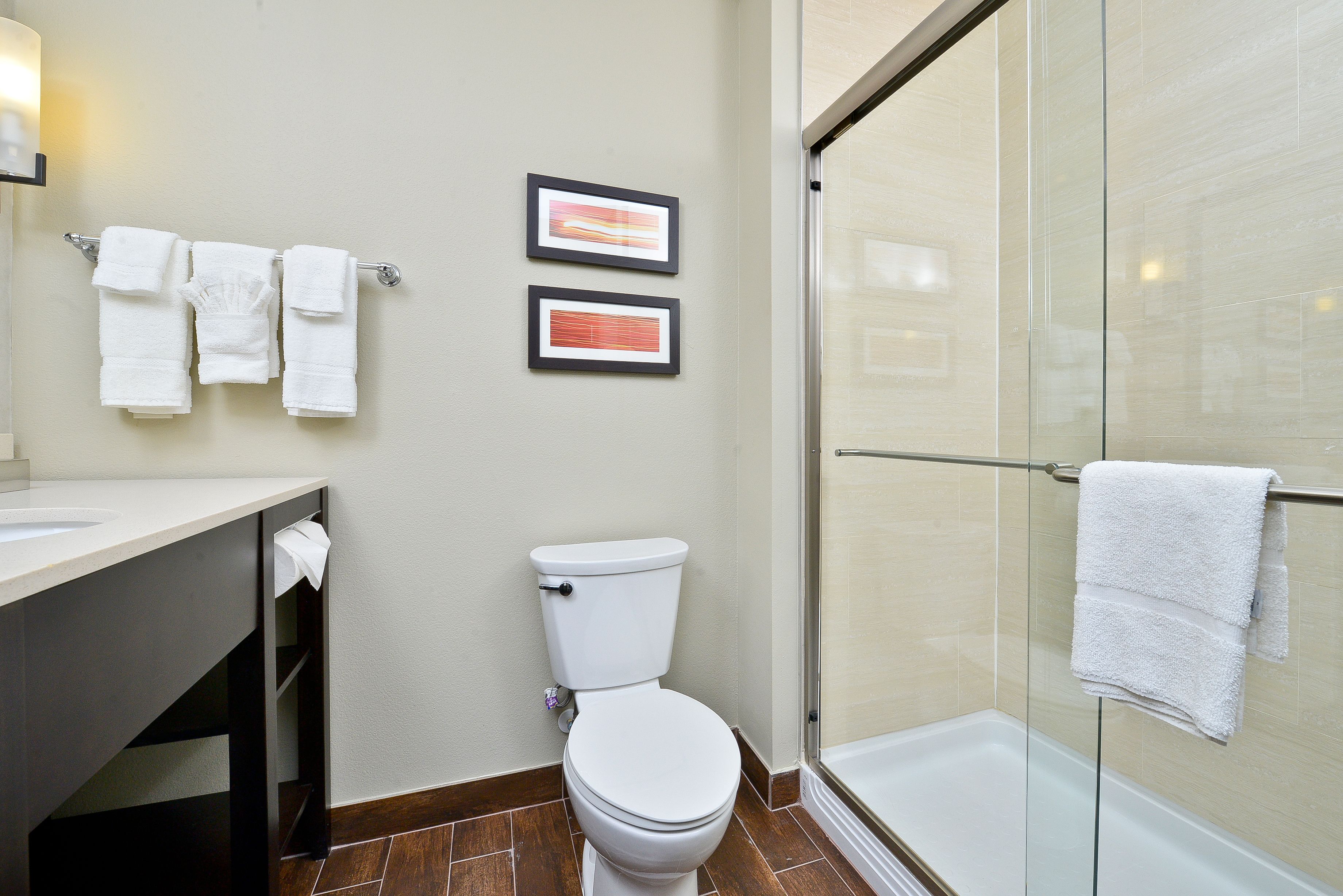 combined shower/bathtub, free toiletries, hair dryer, towels