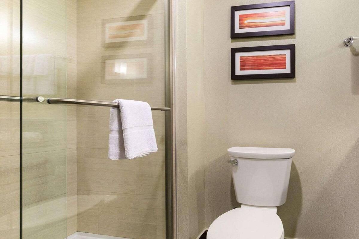 Combined shower/tub, free toiletries, hair dryer, towels
