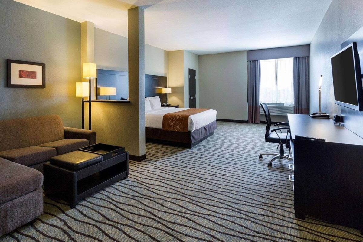 Habitación de hotel con cama, escritorio, silla, sofá, televisor y un cuadro en la pared.