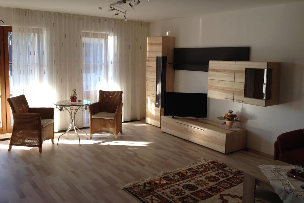 Un salon moderne avec un téléviseur à écran plat, des fauteuils en osier, une table basse en verre et un tapis à motifs.