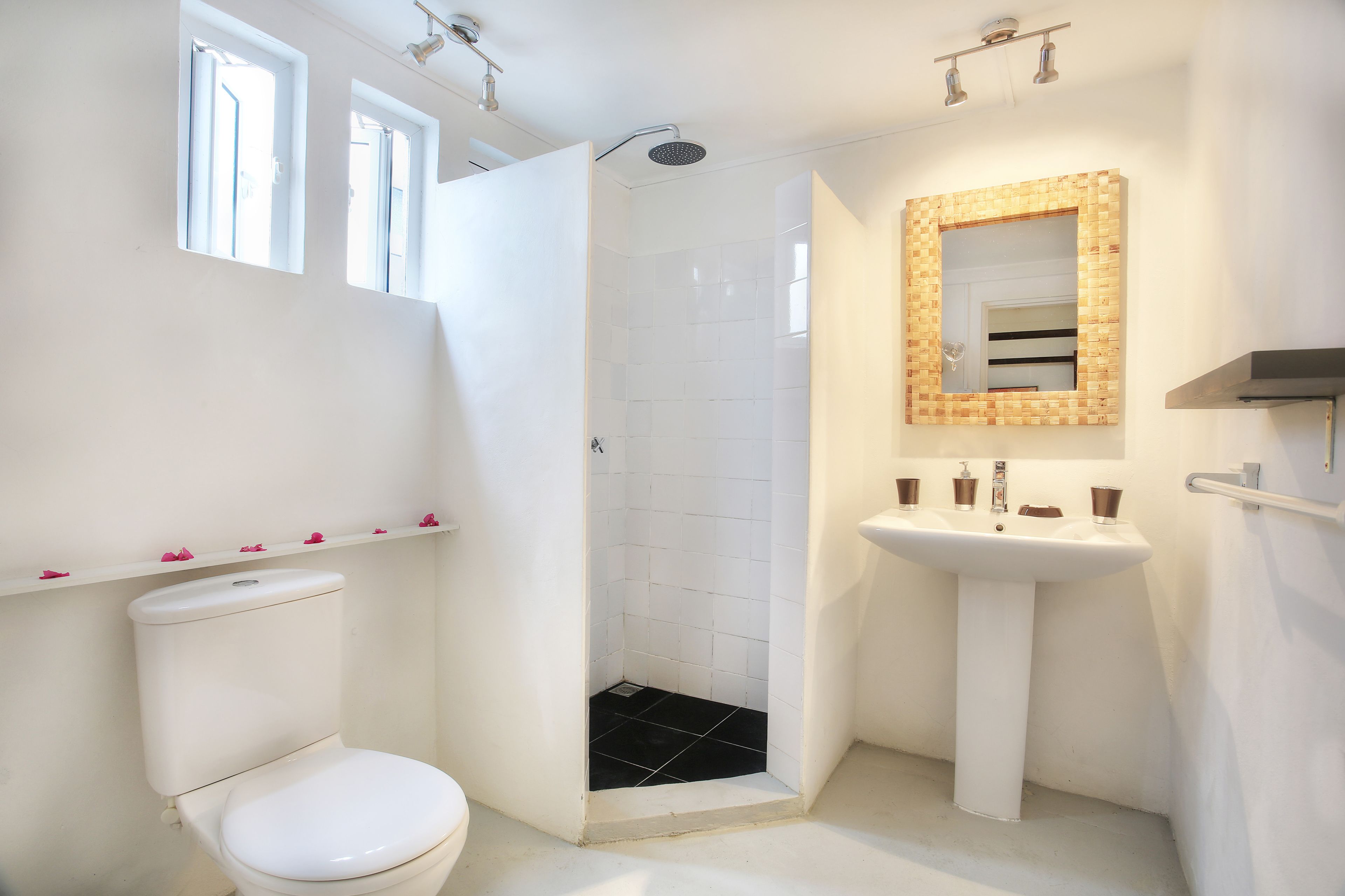 A bathroom with a toilet, a shower, and a sink.