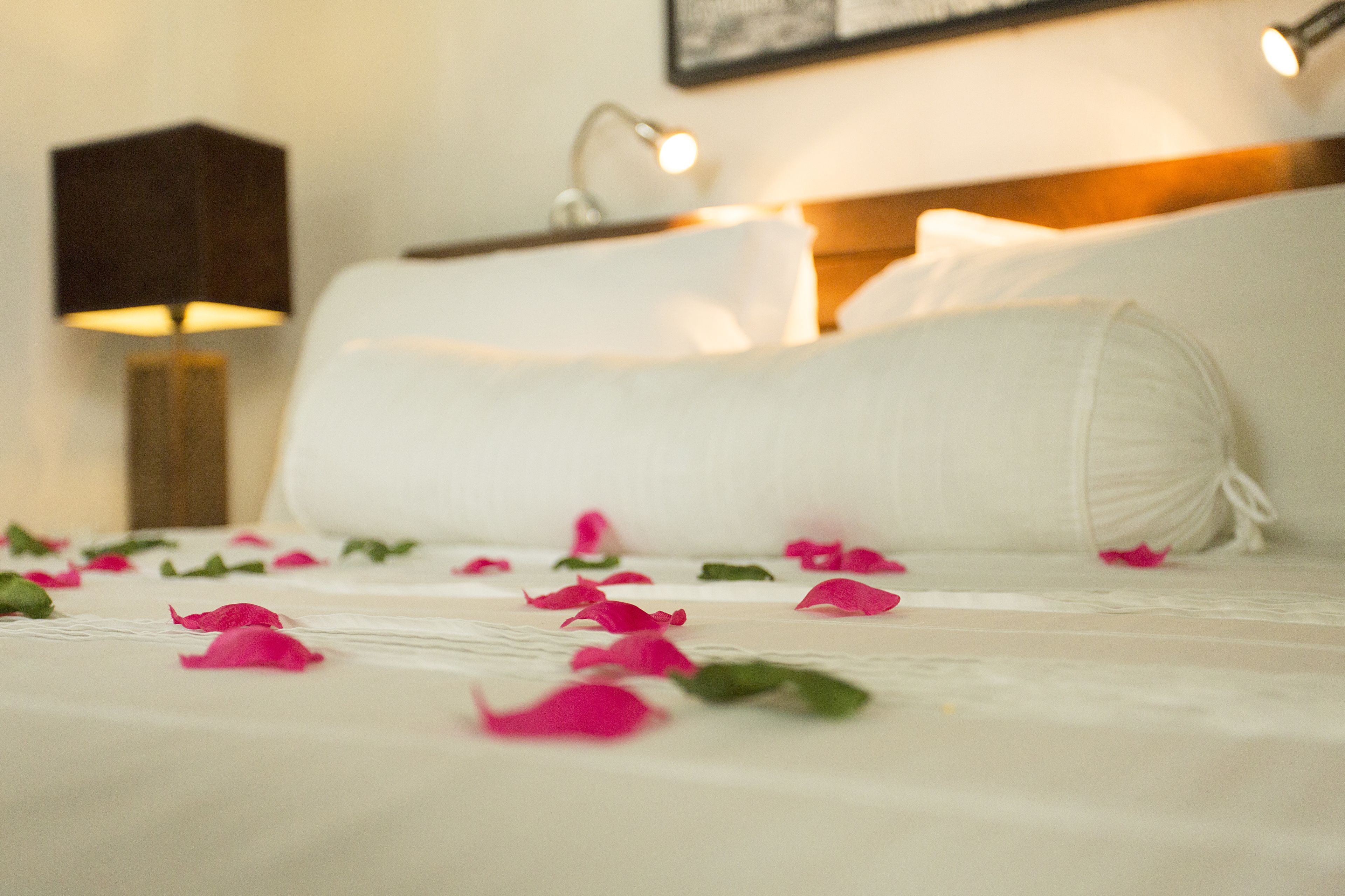 A neatly made bed with white linens and pink flower petals scattered on it.