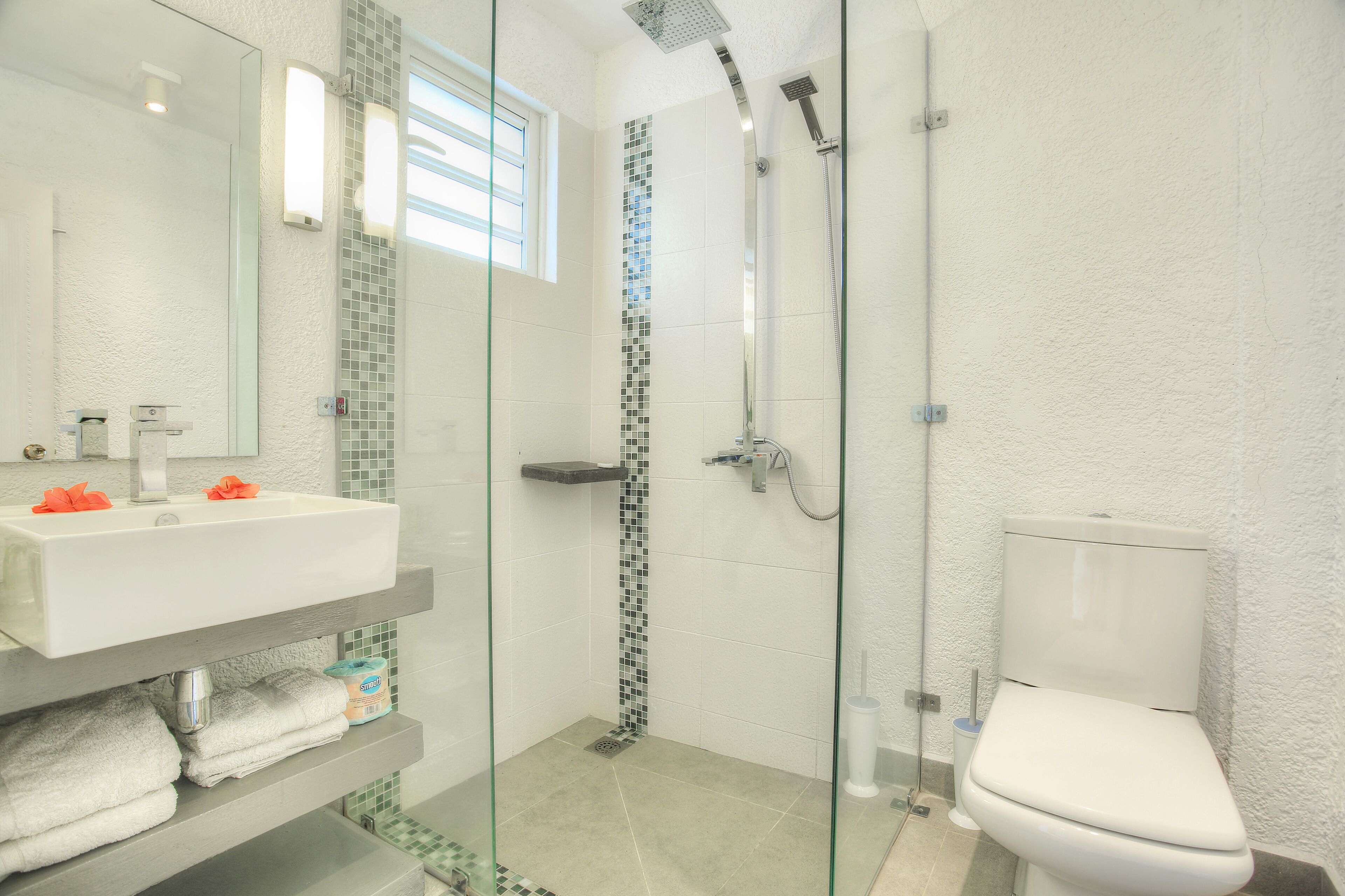 Une salle de bain moderne avec une douche à parois de verre, un lavabo blanc et des toilettes.