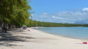 A beach with clear turquoise water, a sandy shore, and a line of trees.