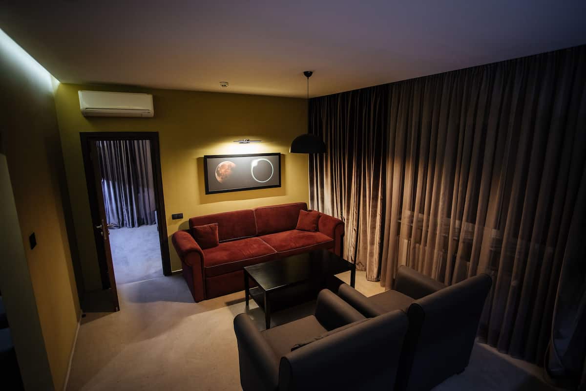 A living room with a red sofa, a black coffee table, and a black armchair. There is a framed picture on the wall and a ceiling-mounted air conditioner.