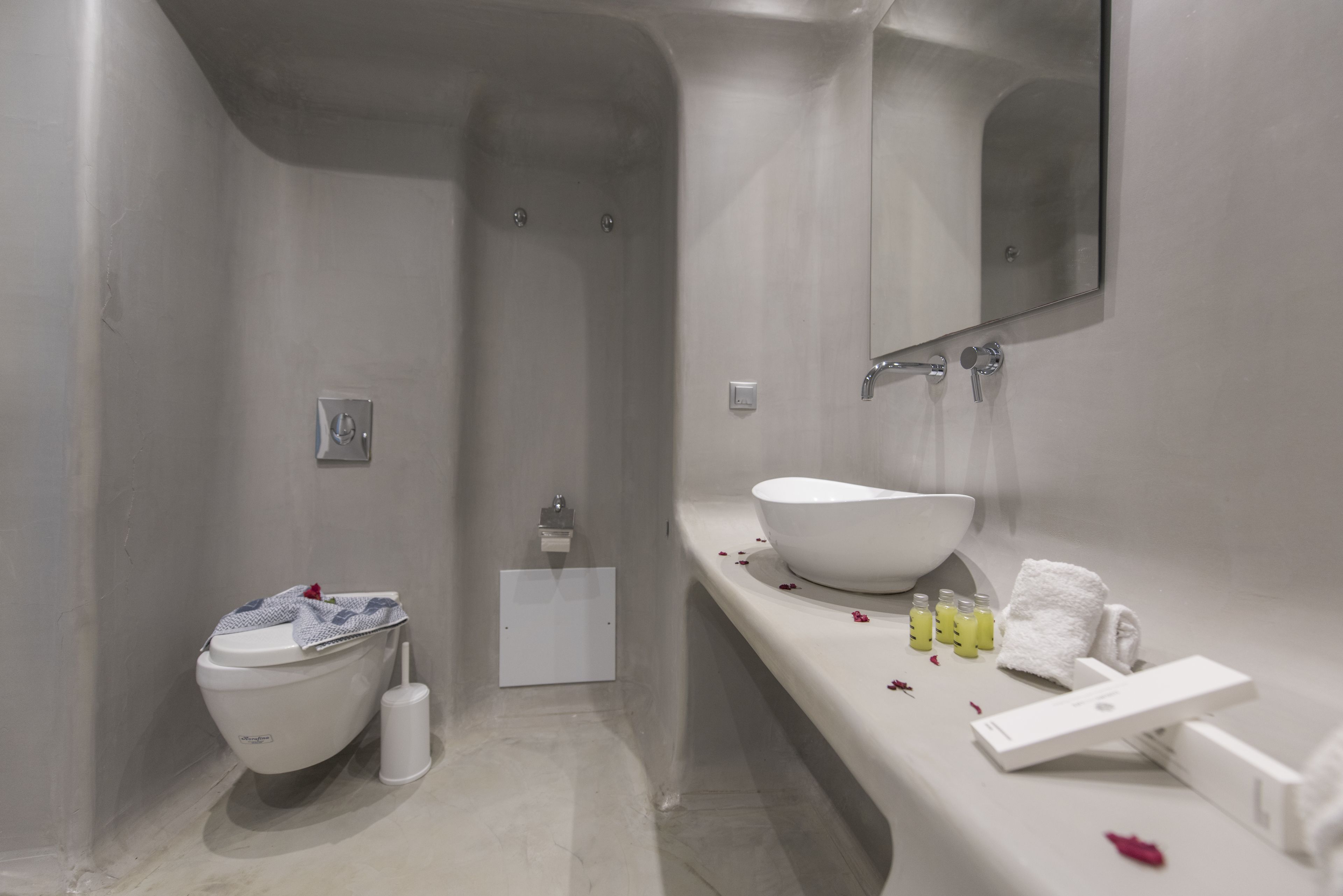 Ein modernes Badezimmer mit Toilette, Bidet, großem Spiegel und Waschtisch mit Becken und Pflegeprodukten.