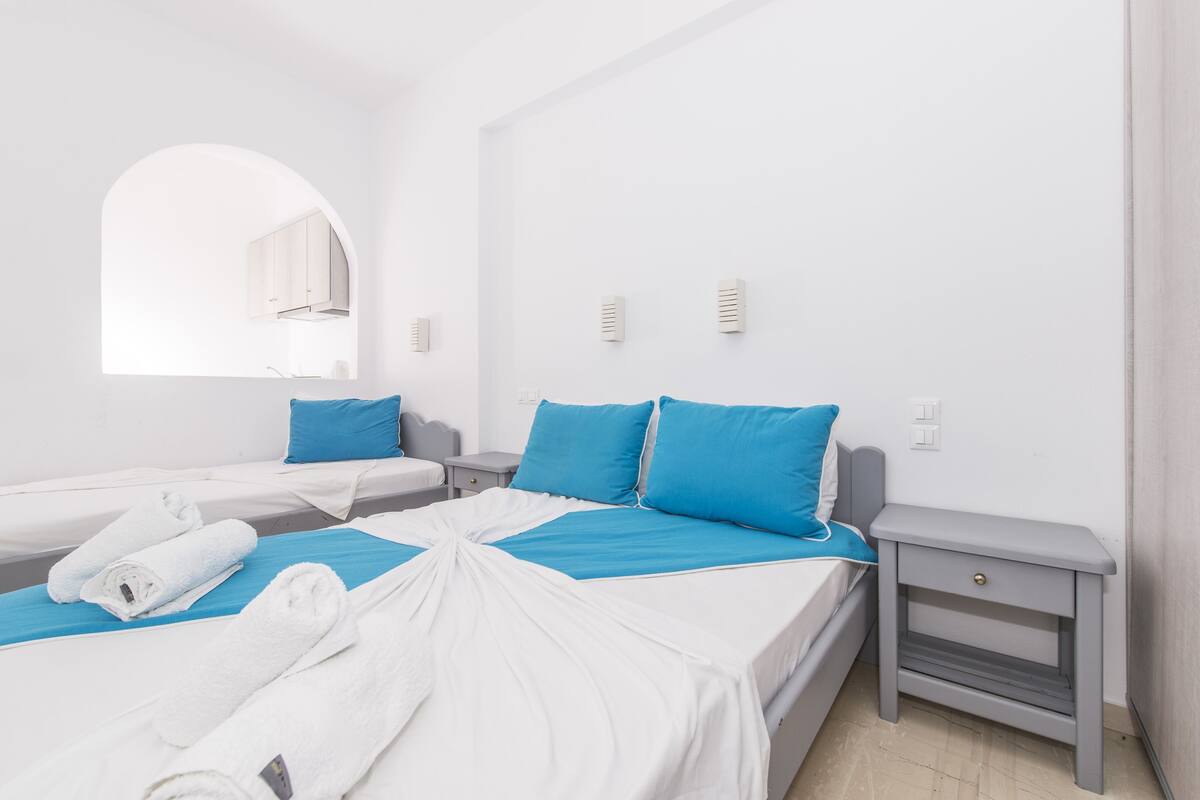 A hotel room with two beds, each with blue and white bedding, a small bedside table, a nightstand, and a mirror.