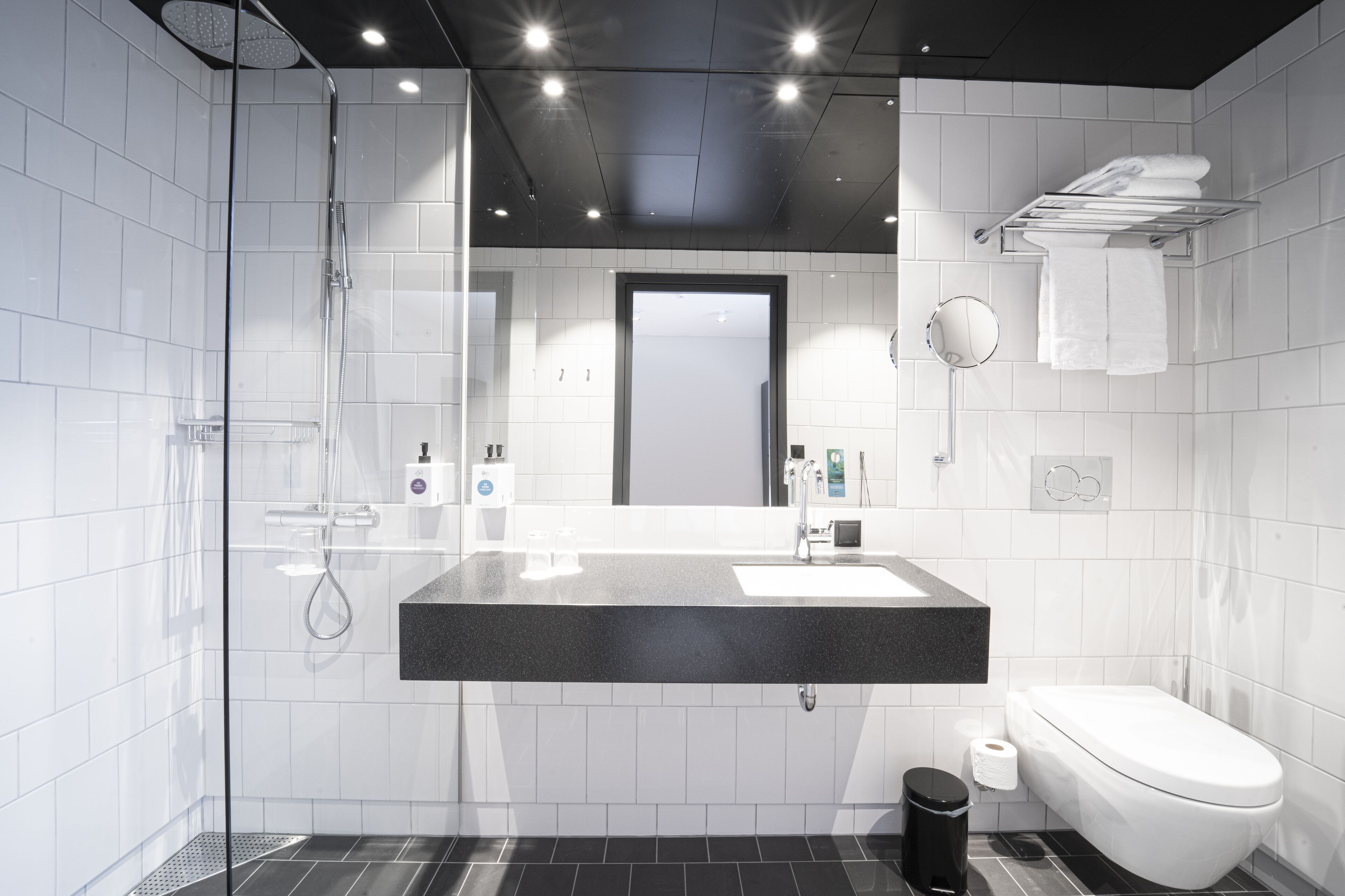 standard double room | bathroom | shower, hair dryer, towels