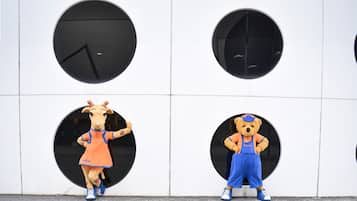 Dos mascotas posando frente a un edificio con ventanas circulares.