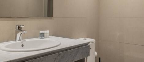 Un baño moderno con un lavabo de mármol, un inodoro y un espejo grande.
