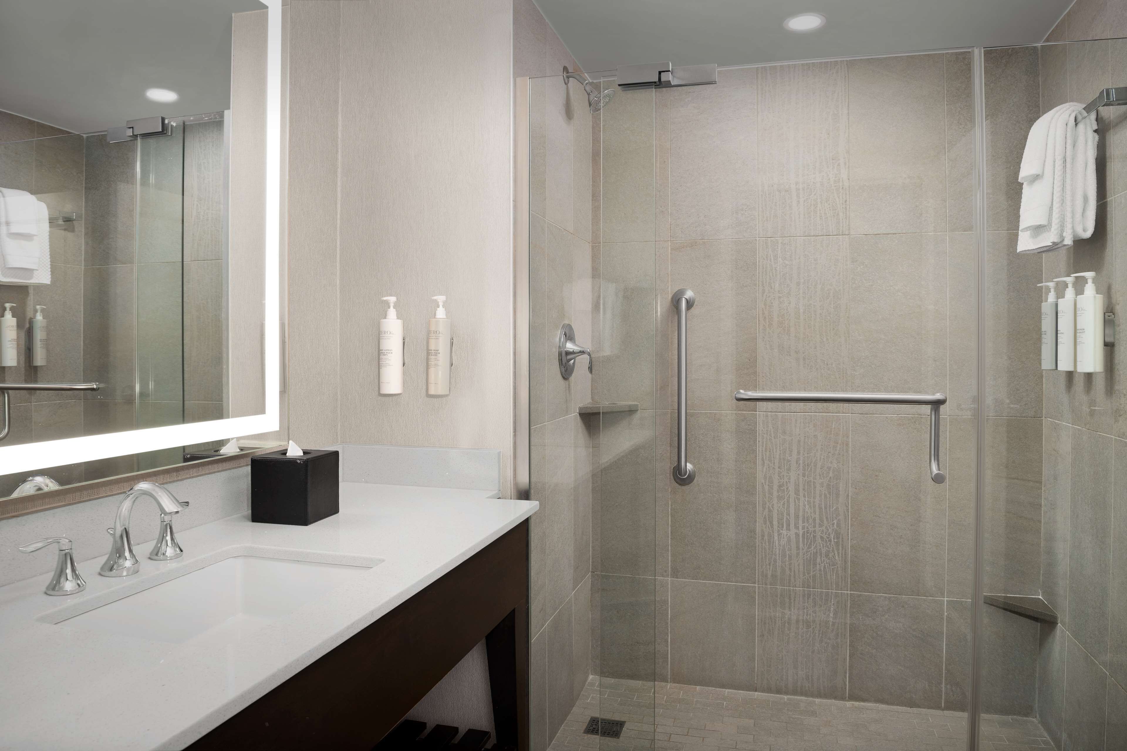 Une salle de bain moderne avec un grand miroir, un lavabo à deux robinets, une douche en verre avec une barre d’appui et des articles de toilette fixés au mur.