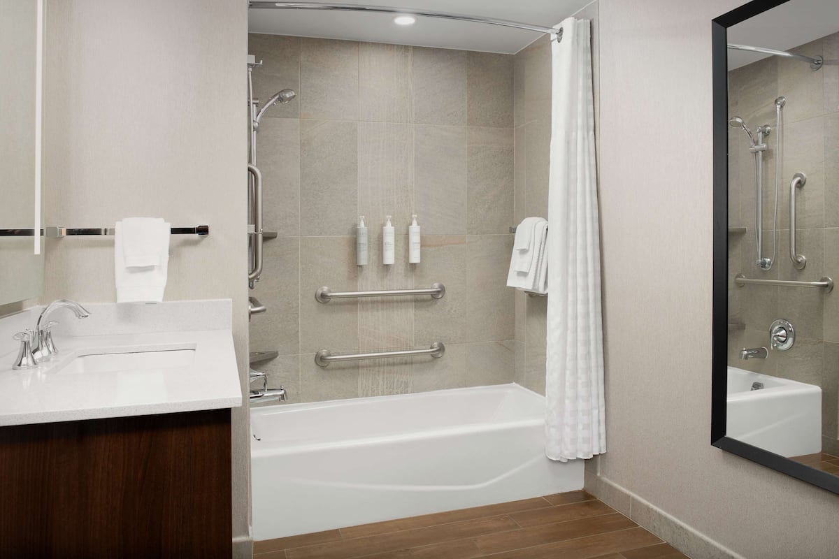 Rainfall showerhead, designer toiletries, hair dryer, soap
