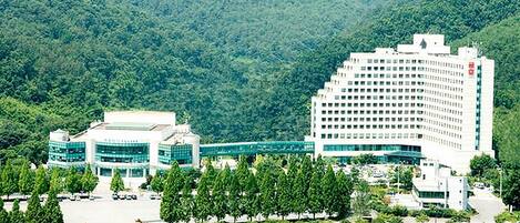 A modern hotel with a large building and a smaller annex, surrounded by lush greenery and a mountainous backdrop.