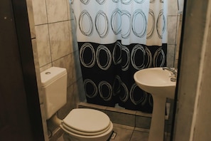 Een kleine badkamer met toilet, wastafel en douchegordijn.