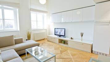 Apartment, 1 Bedroom (Number 5) | Living room | 32-inch flat-screen TV with satellite channels, TV, DVD player