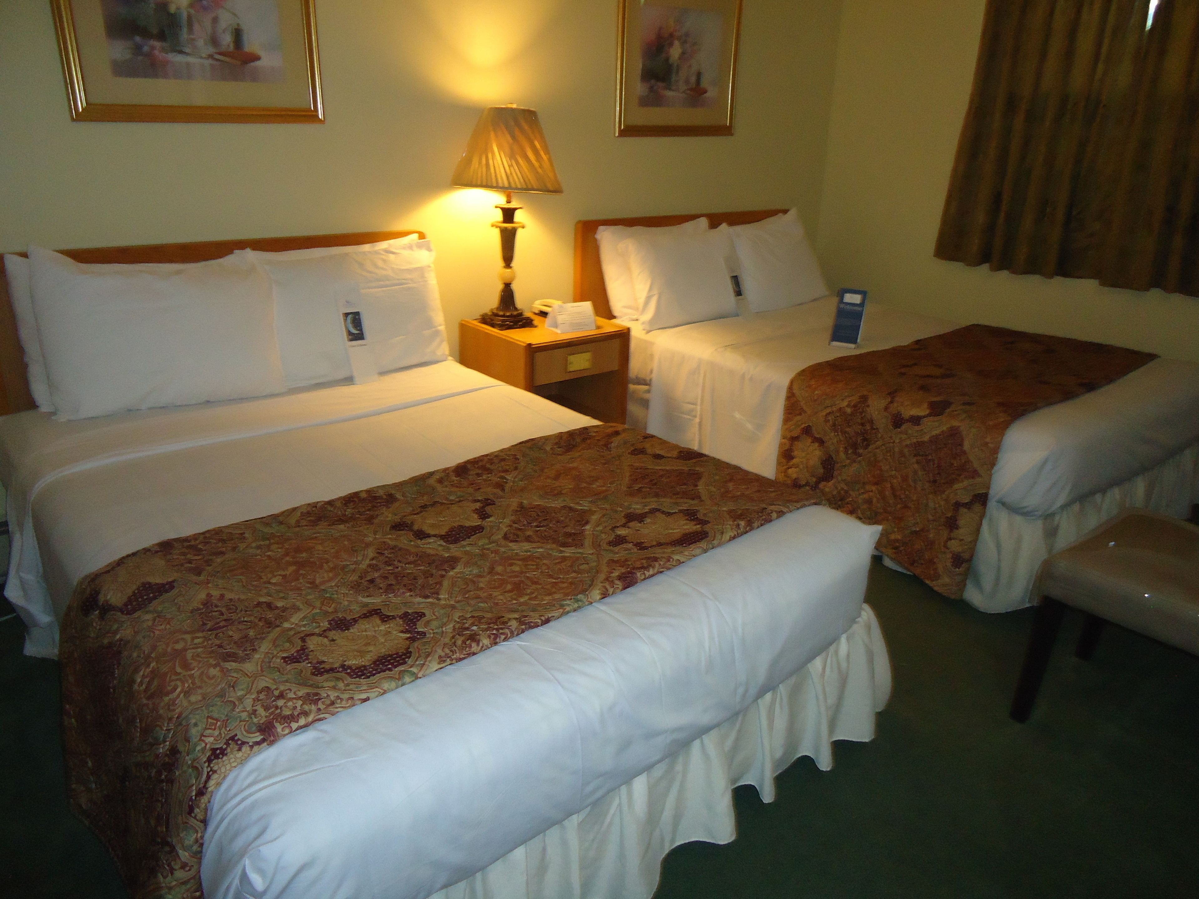 A hotel room with two beds, a nightstand, a lamp, and a chair.
