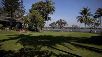 A grassy area with palm trees and a building with a sloped roof.