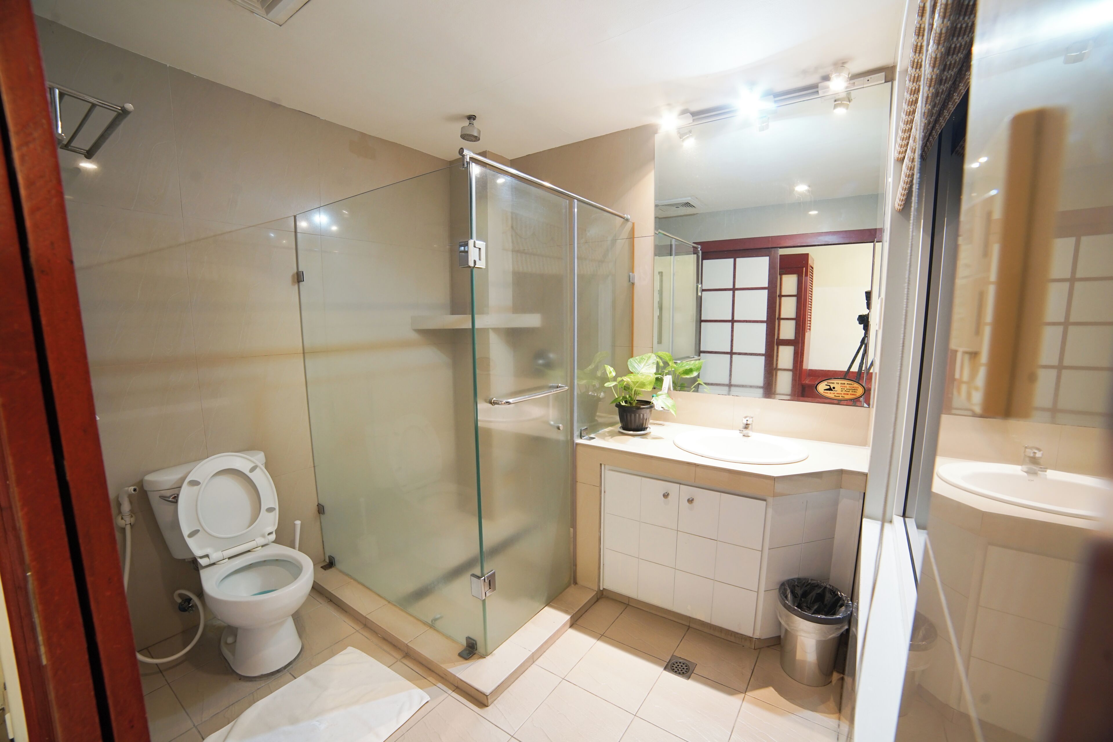 A bathroom with a glass-enclosed shower, a toilet, a sink, and a mirror.