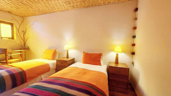 A room with two beds, each with a striped blanket and an orange pillow. There are bedside tables with lamps and a small plant on one table. - Hotel Tulor (San Pedro de Atacama)