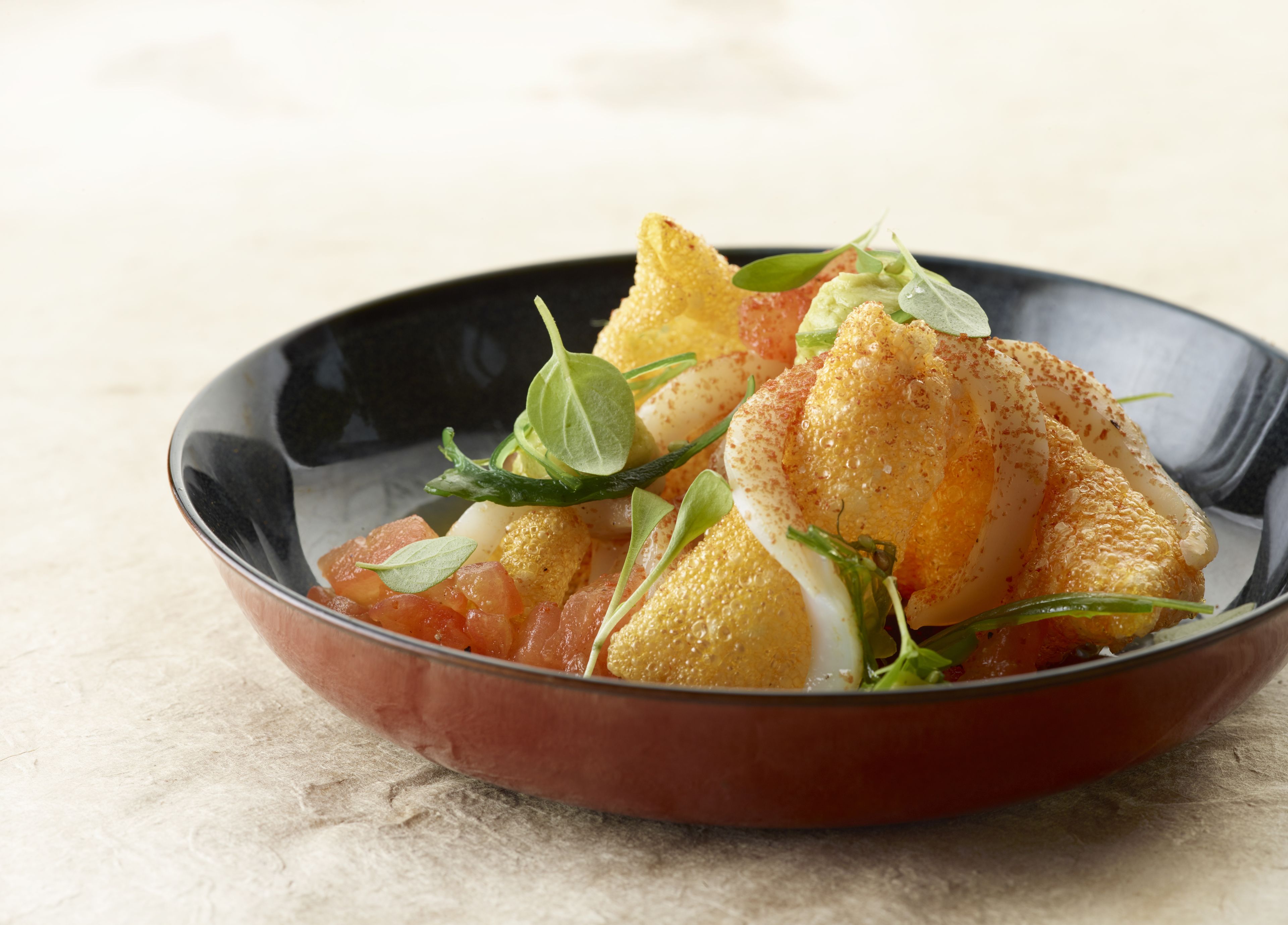 Un bol contenant un plat composé d’un morceau de poulet pané, de quelques feuilles de salade et d’une tranche de tomate, le tout disposé sur un fond sombre.