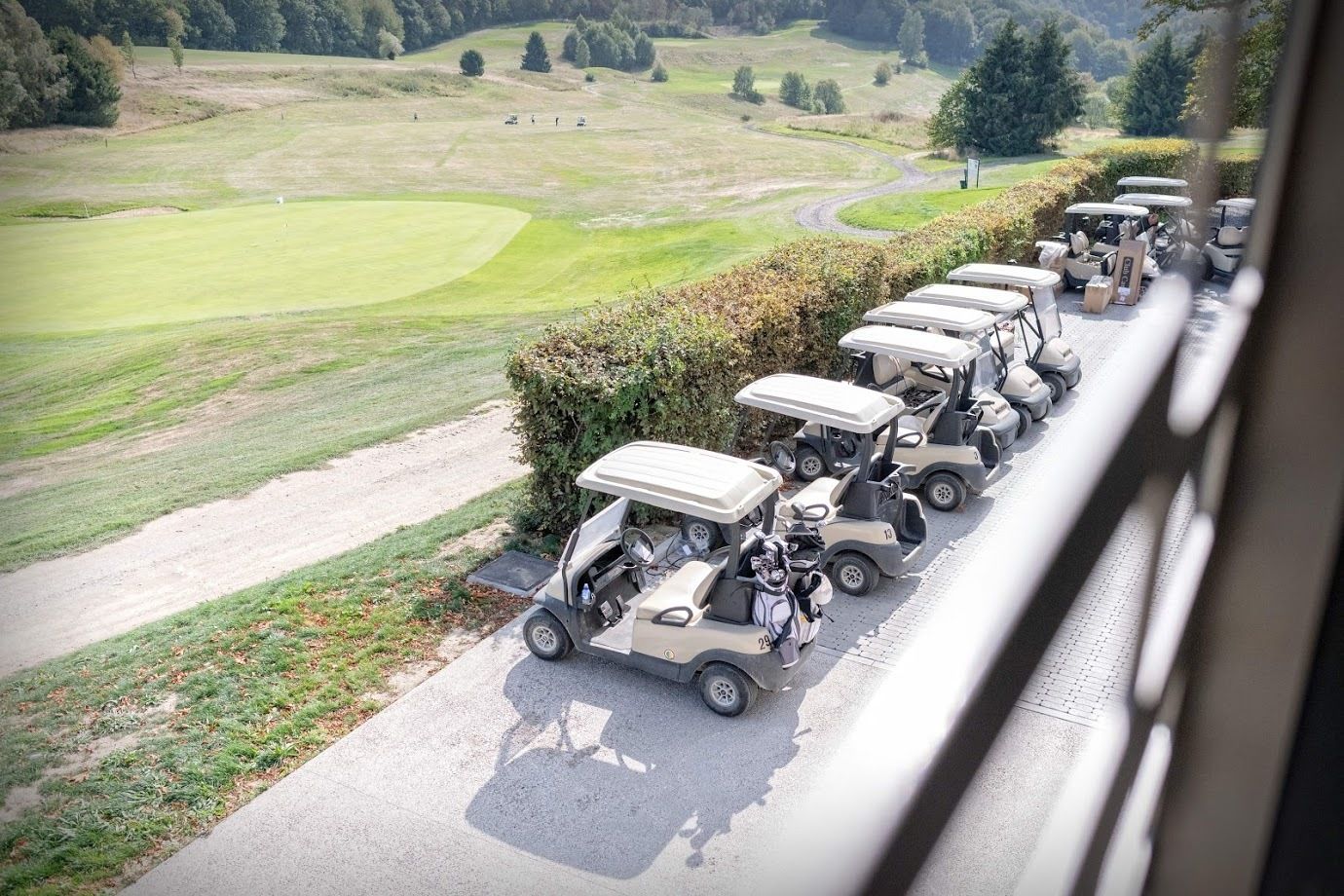 Une rangée de voiturettes de golf est stationnée le long d’un chemin pavé, avec un terrain de golf en arrière-plan.