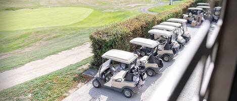 A row of golf carts parked along a paved path with a view of a golf course in the background.