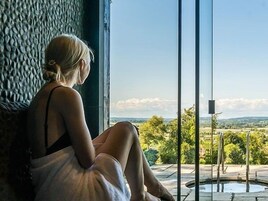 Uma pessoa sentada perto de uma janela com vista para uma paisagem com árvores e um corpo d'água.