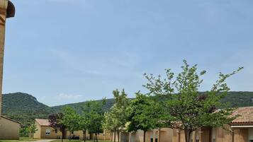 A courtyard with buildings, a gravel path, and trees.