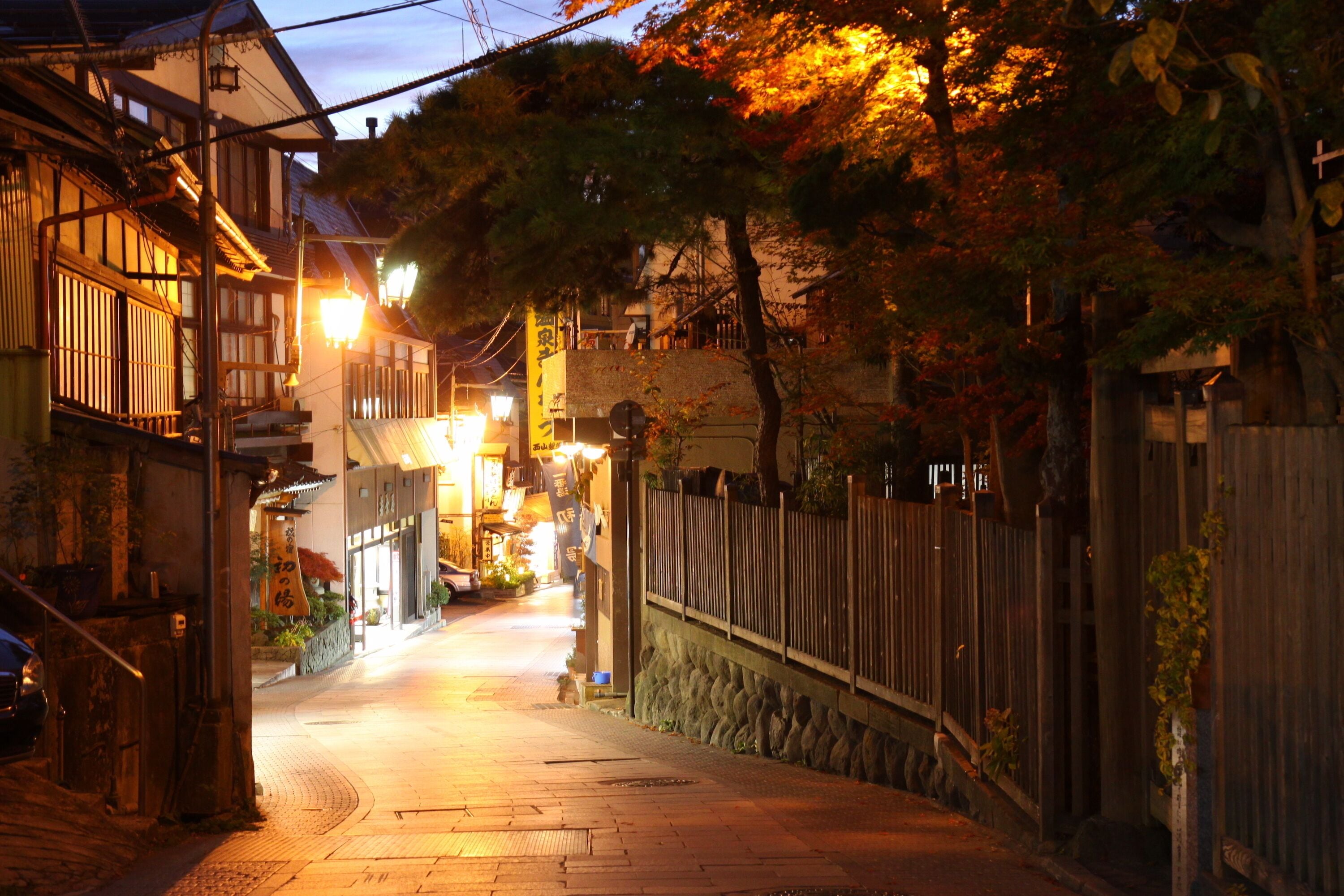 A narrow street with traditional buildings, a wooden fence, and a stone wall.