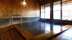 A hot spring bath with wooden walls and a metal ladder. - Shibu Hotel (Yamanouchi)