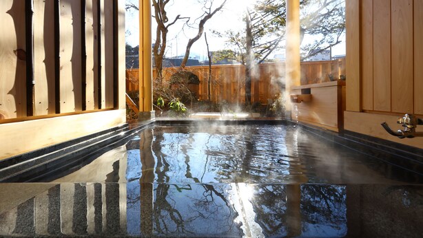 A hot spring bath area with a wooden fence and trees in the background. - Shibu Hotel (Yamanouchi)