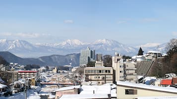 A town with buildings and snow-covered mountains in the background.