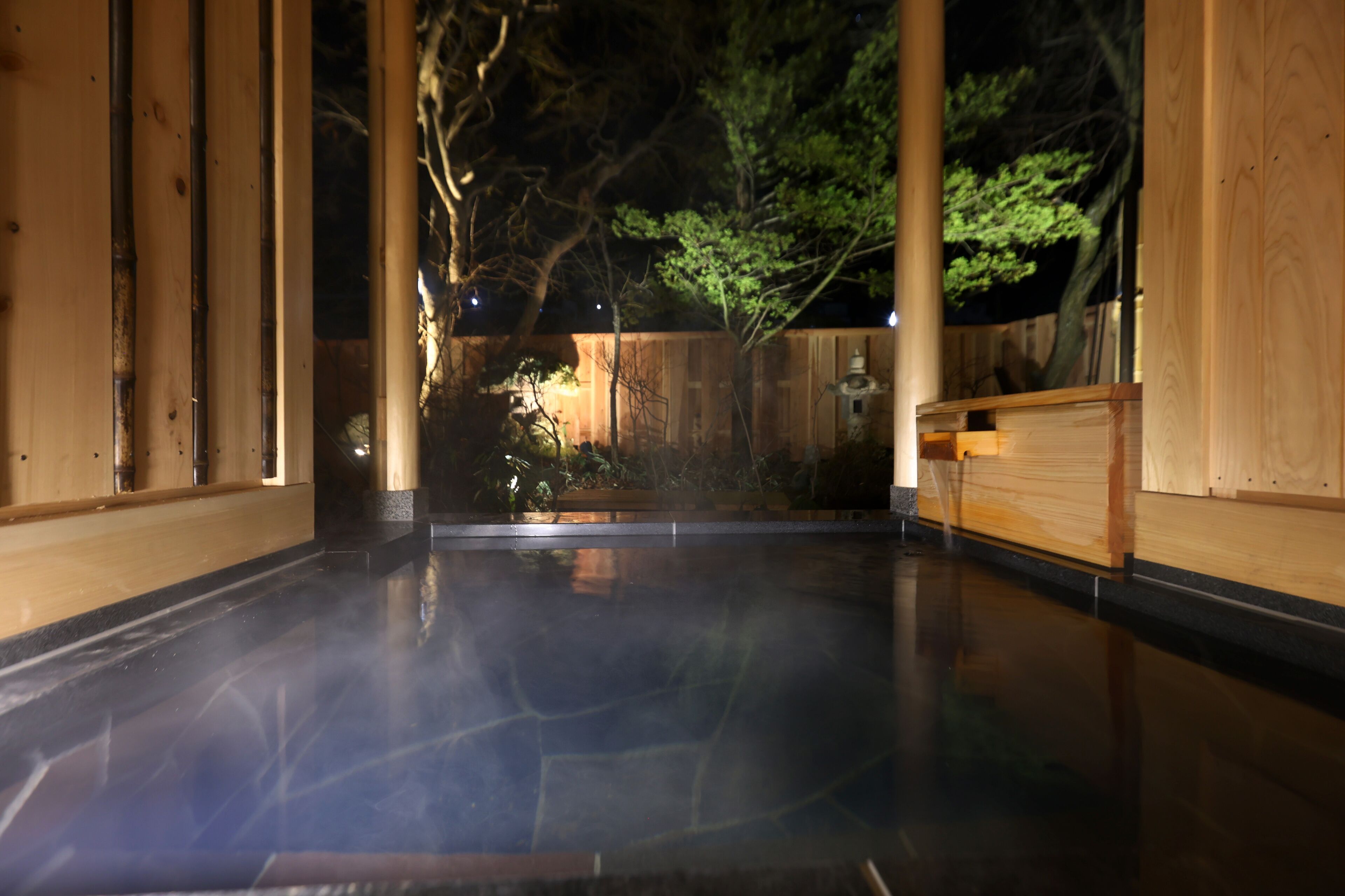 A traditional Japanese room with tatami flooring, wooden sliding doors, and a view of a garden.