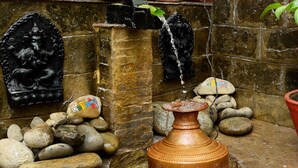 A stone wall with potted plants, a decorative black sculpture, and a small water feature.