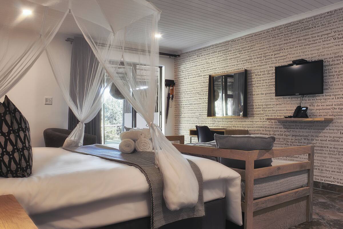 Une chambre à coucher comprenant un lit, une table de chevet, une chaise, un téléviseur et un mur orné de motifs imprimés.