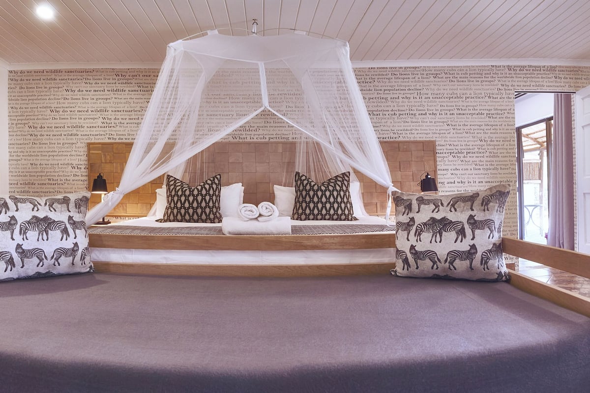 Une chambre à coucher avec un lit à baldaquin, des coussins à motifs zébrés, une fresque représentant un lion et une bibliothèque.