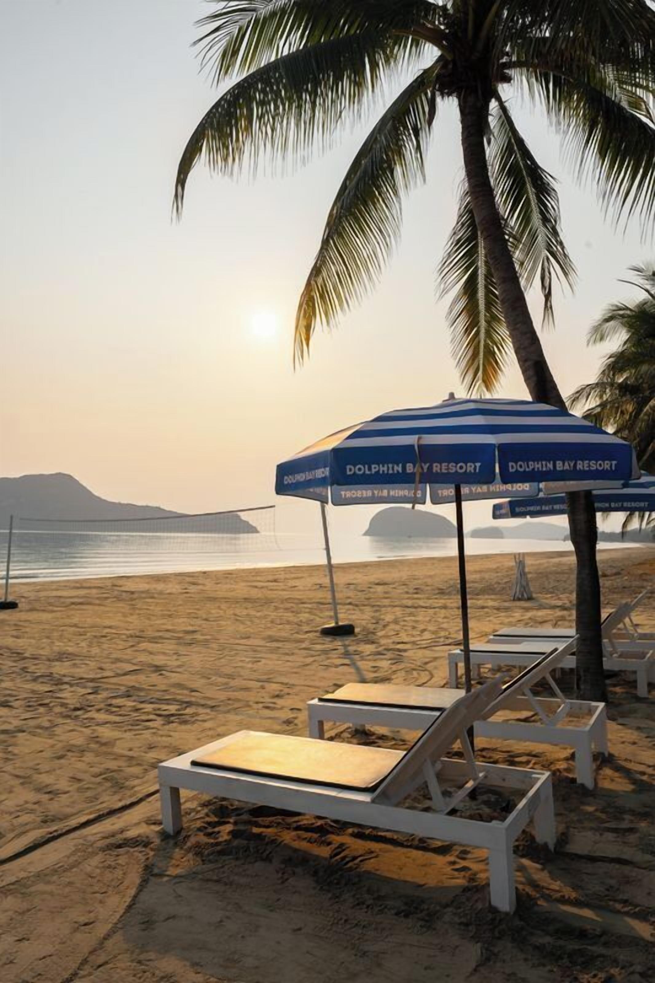 Una playa con sillas de descanso y sombrillas, identificada como "Dolphin Bay Resort".