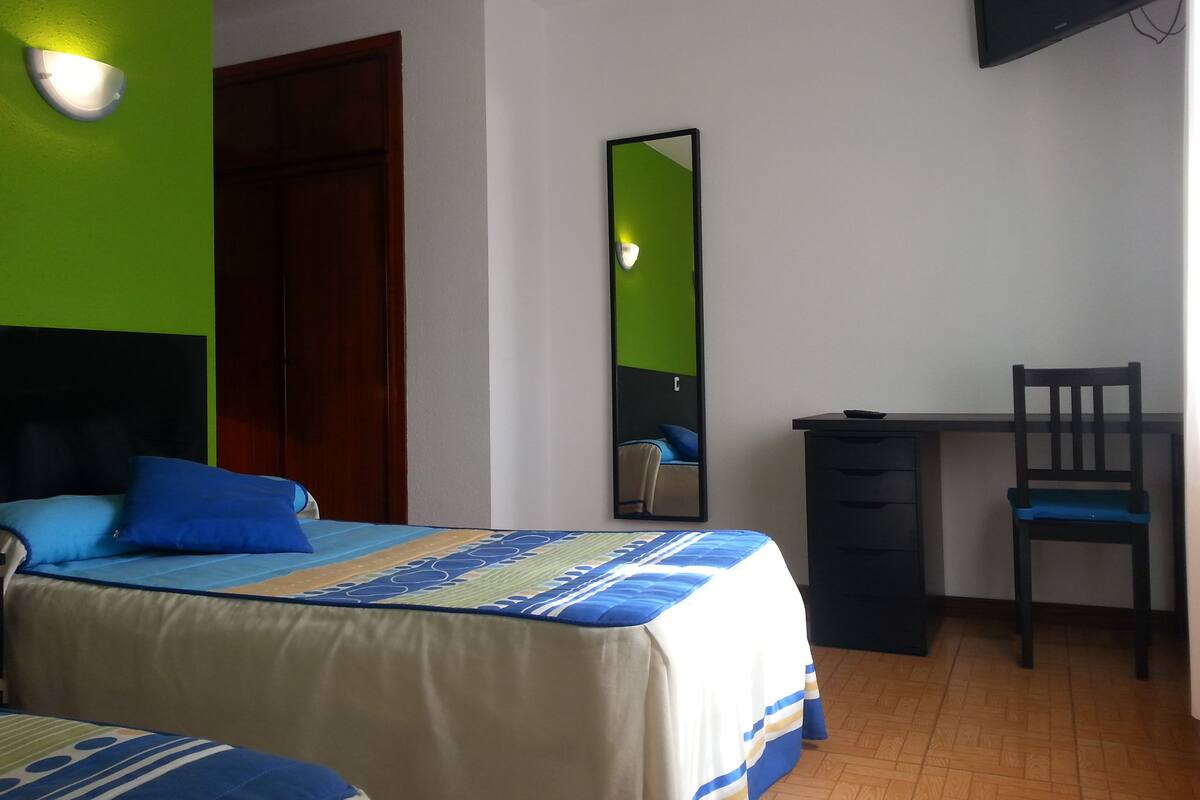 A hotel room with a bed, a desk, a chair, a mirror, and a television on the wall.