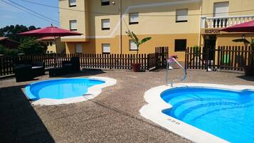 Outdoor pool, pool umbrellas, pool loungers