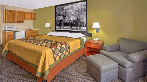 Habitación de hotel con cama, escritorio con microondas, silla y un cuadro grande en la pared.
