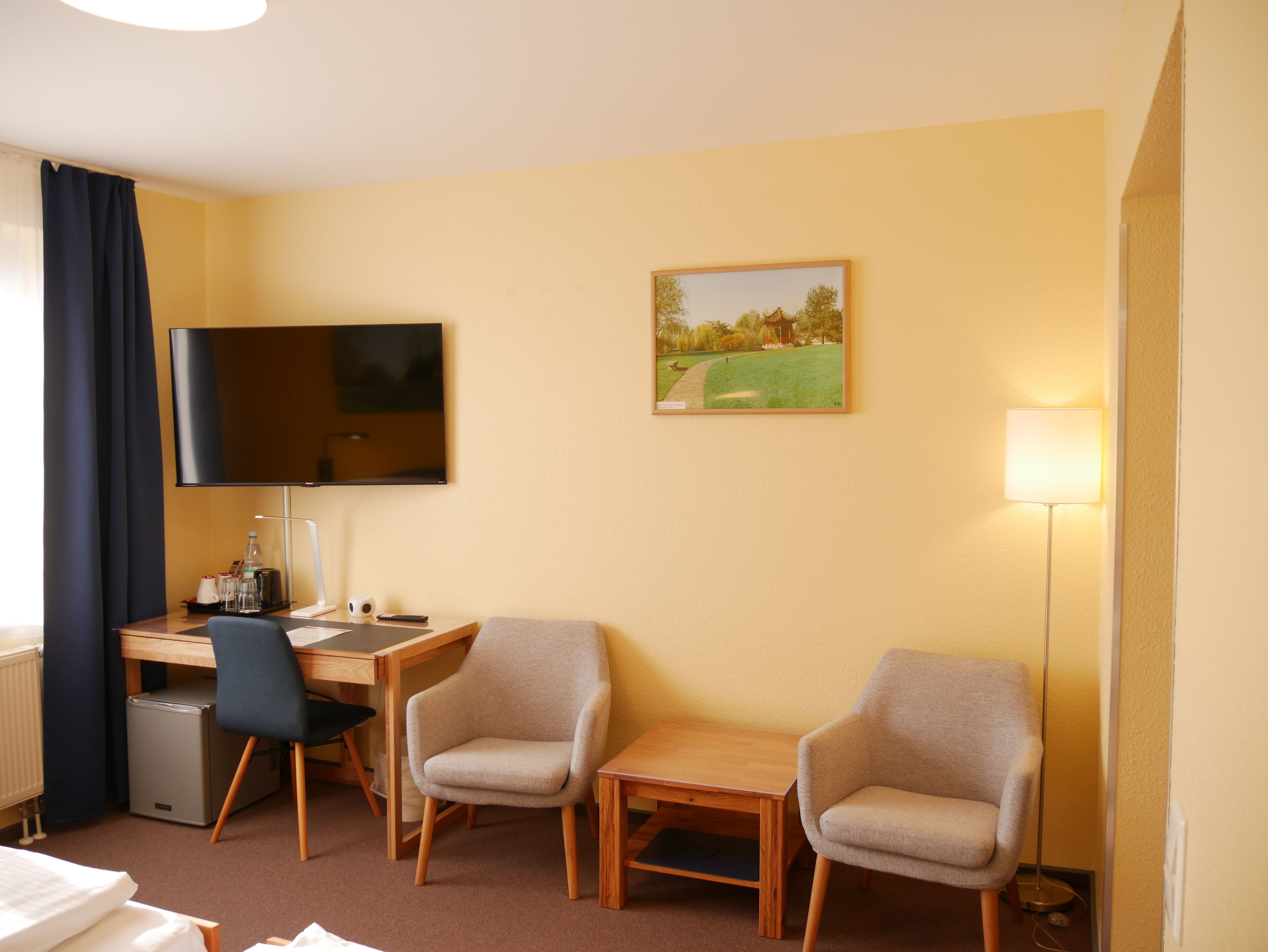 Habitación de hotel con una cama, un escritorio, dos sillas, un televisor, una lámpara y un cuadro en la pared.
