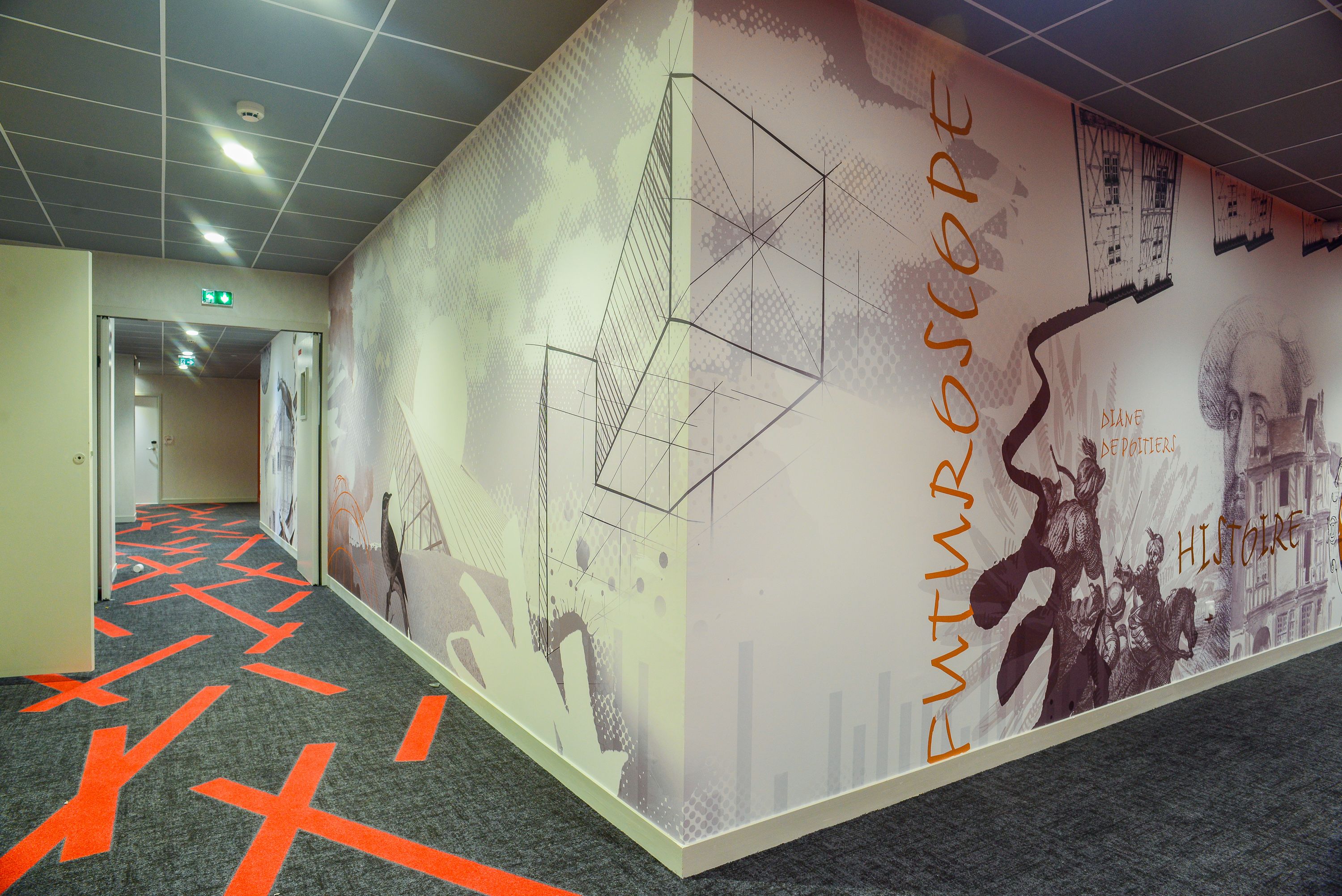 A hallway with a patterned carpet and a large wall mural depicting architectural designs and historical figures.