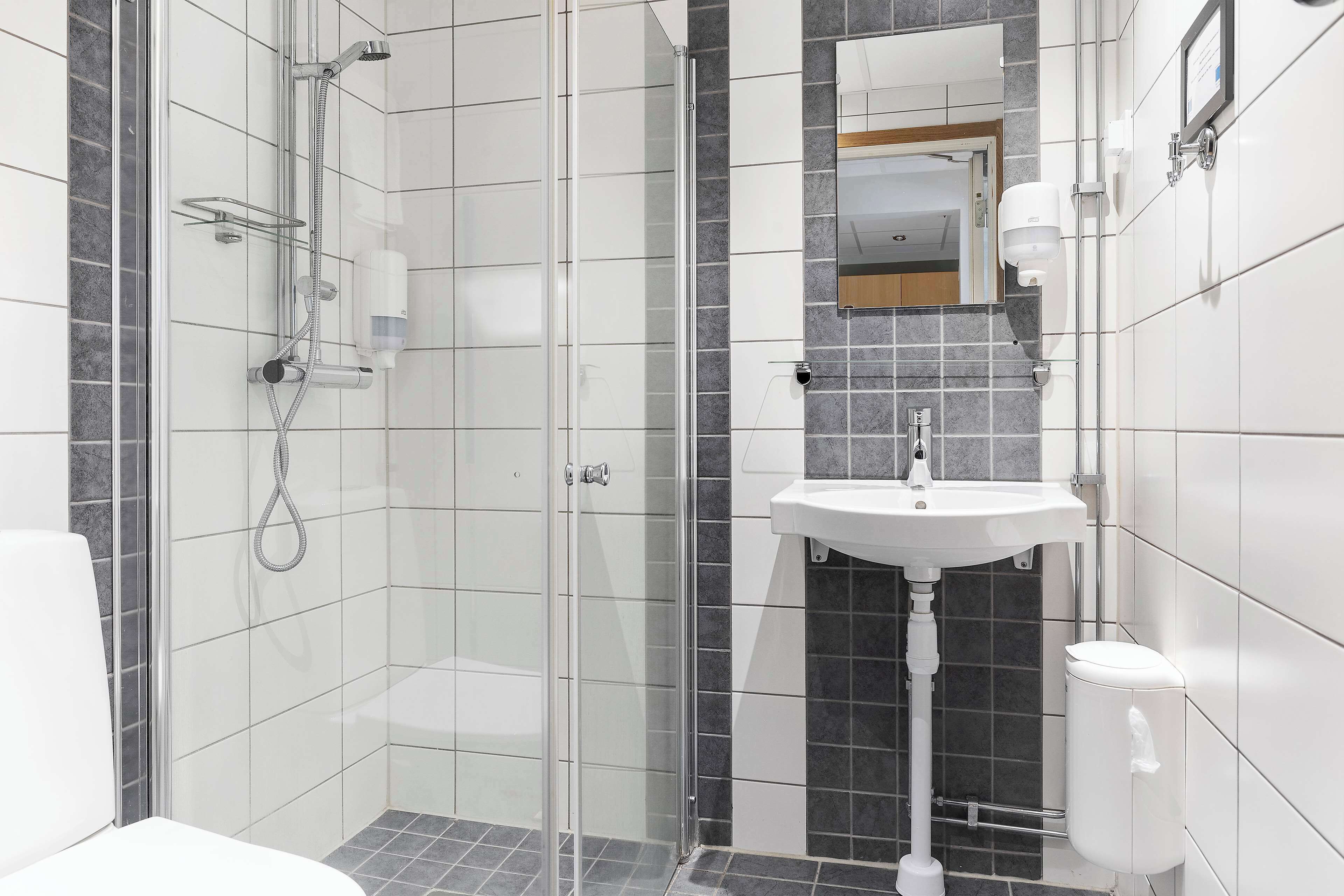 A modern bathroom with a glass-enclosed shower, a white sink, and a toilet.