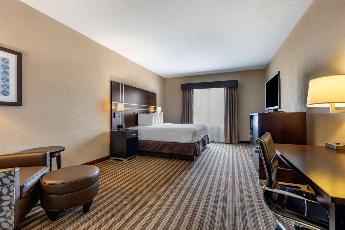 A hotel room with a bed, a desk, a chair, a TV, and a lamp.