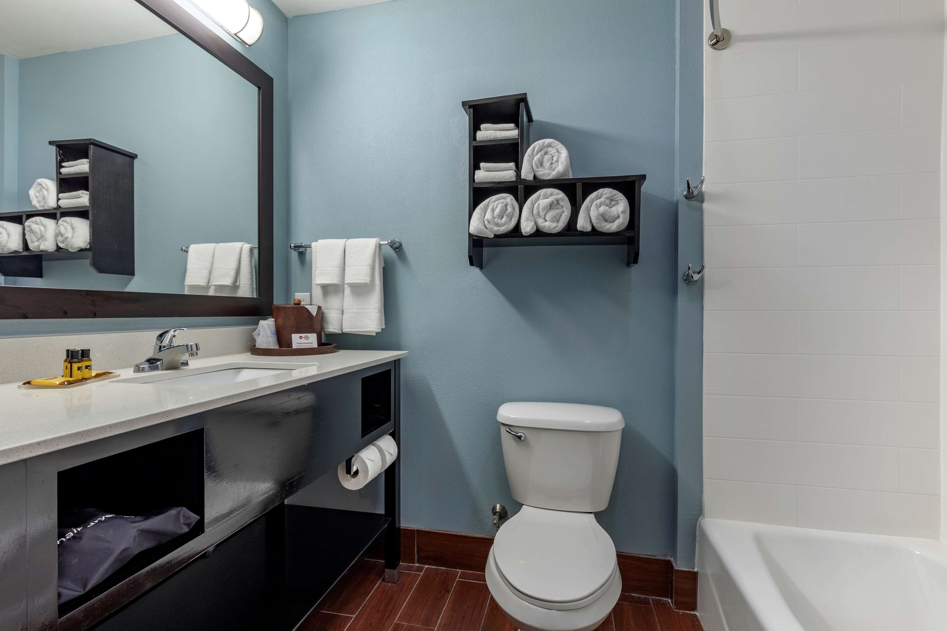 combined shower/bathtub, free toiletries, hair dryer, towels