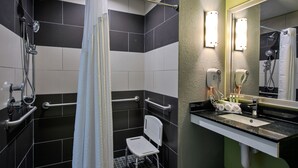A bathroom with a shower, a toilet, a sink, and a mirror. - Holiday Inn Express Hotel & Suites, Carlisle-Harrisburg Area by IHG (Carlisle)