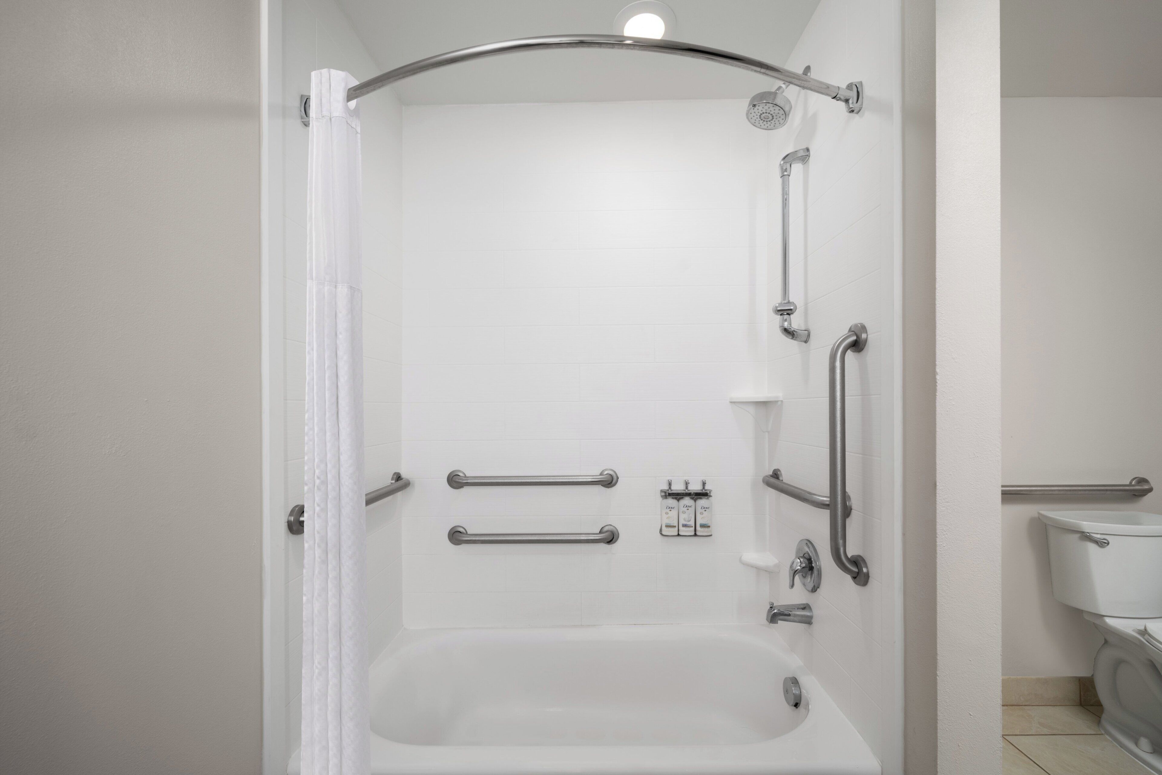 A white bathroom with a shower, grab bars, and a toilet.
