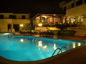 Outdoor pool, pool umbrellas, pool loungers