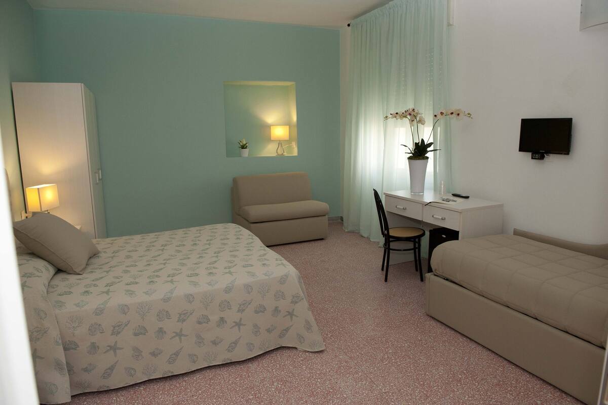 Habitación de hotel con dos camas, un escritorio, una silla, un televisor y una pequeña planta en maceta.