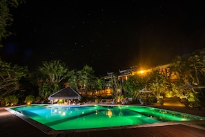 Outdoor pool, pool umbrellas, pool loungers